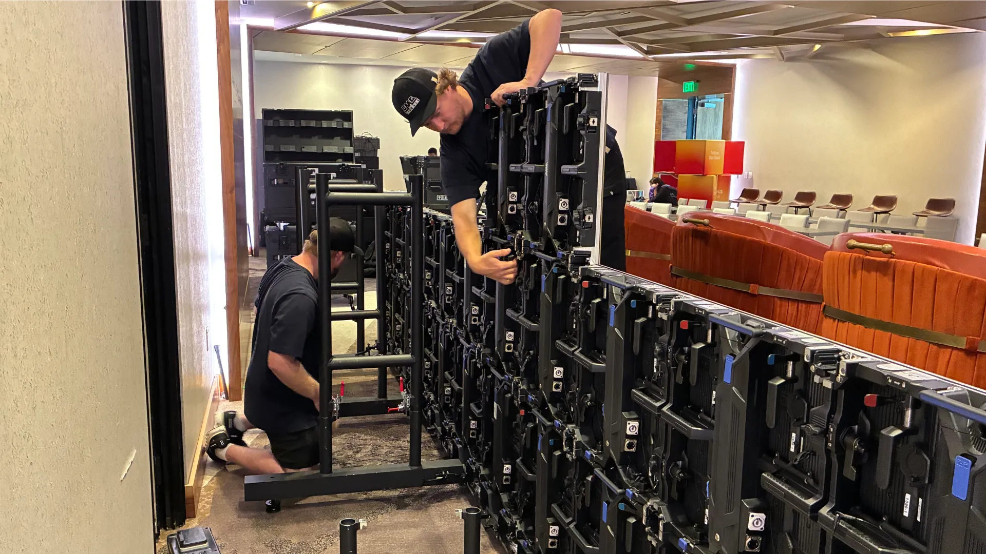 CMG Visuals crew assembling rental LED panels