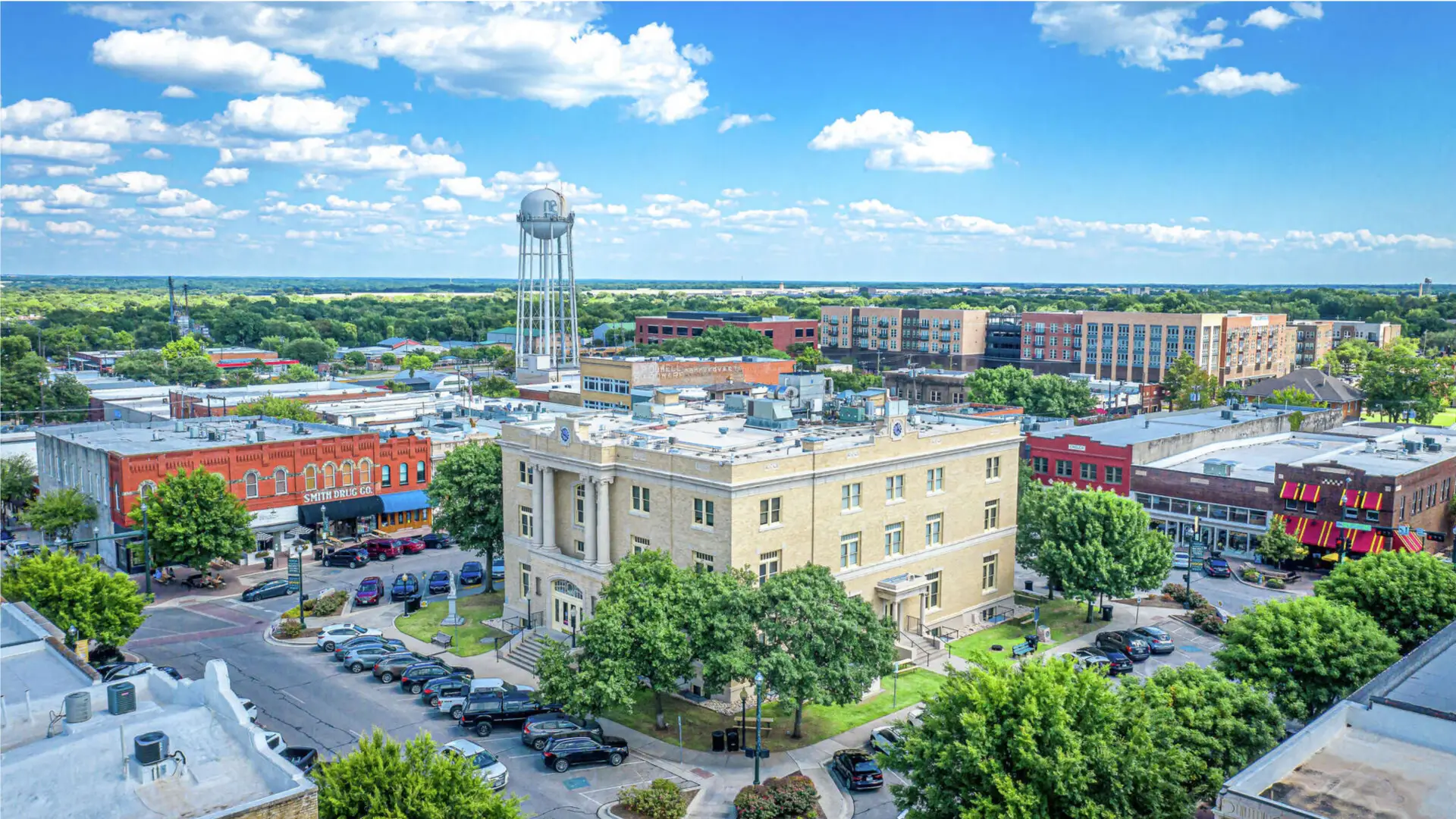 Aerial view of downtown McKinney Texas square