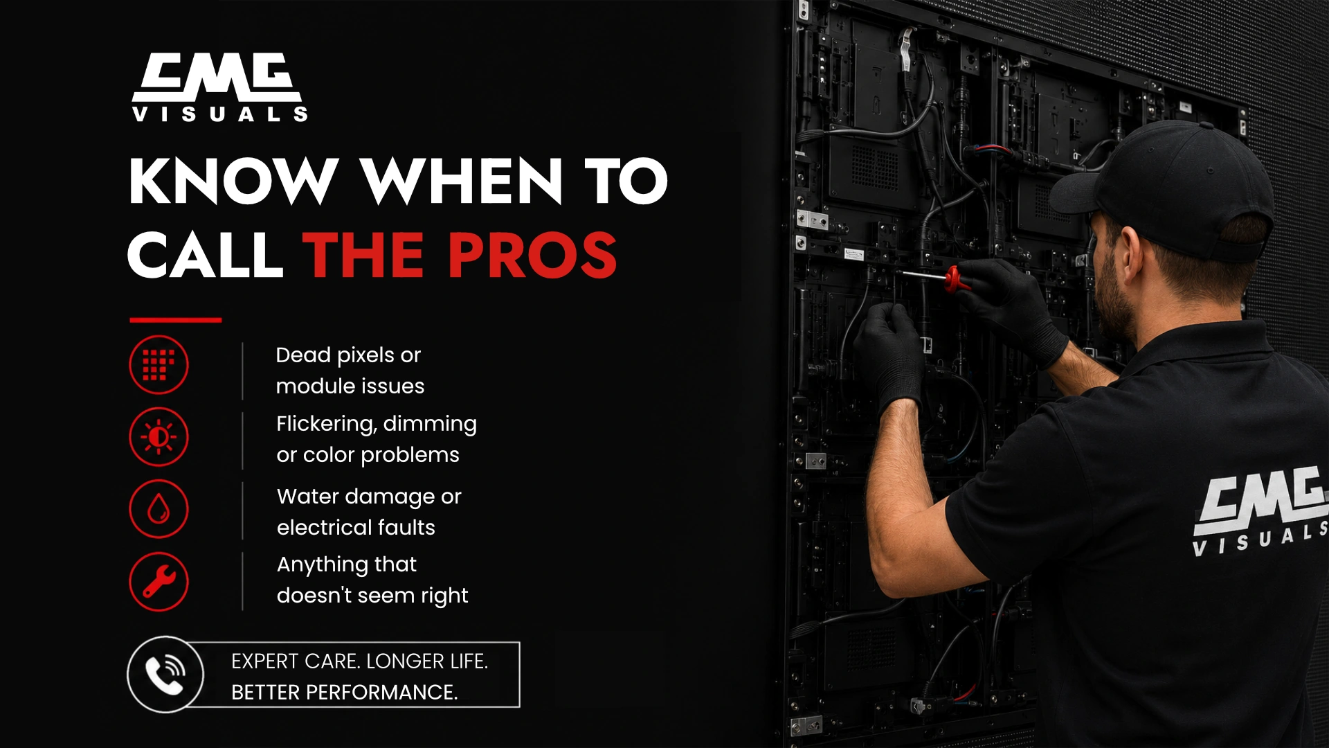 CMG Visuals technician servicing LED display with repair tips