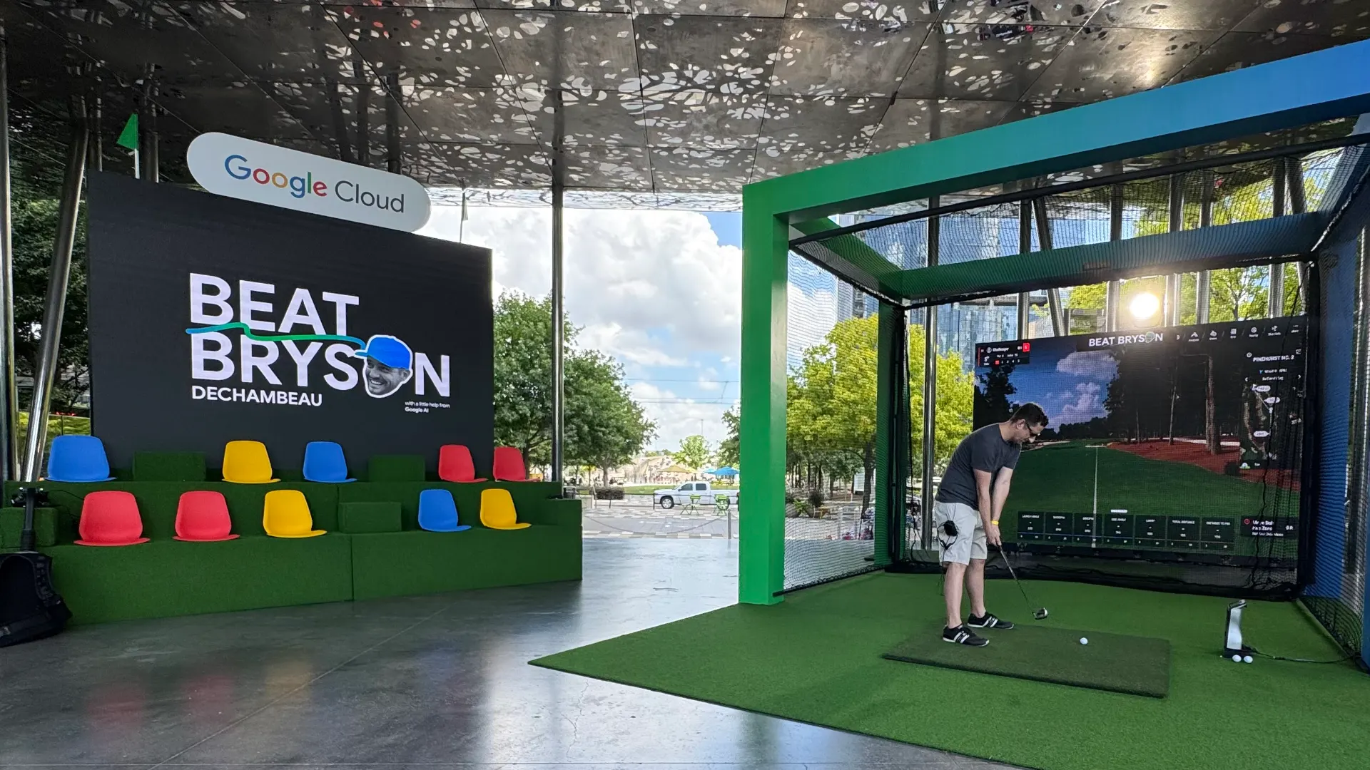 Google Cloud Beat Bryson live activation with a CMG Visuals LED video wall and golf simulator bay in Dallas.