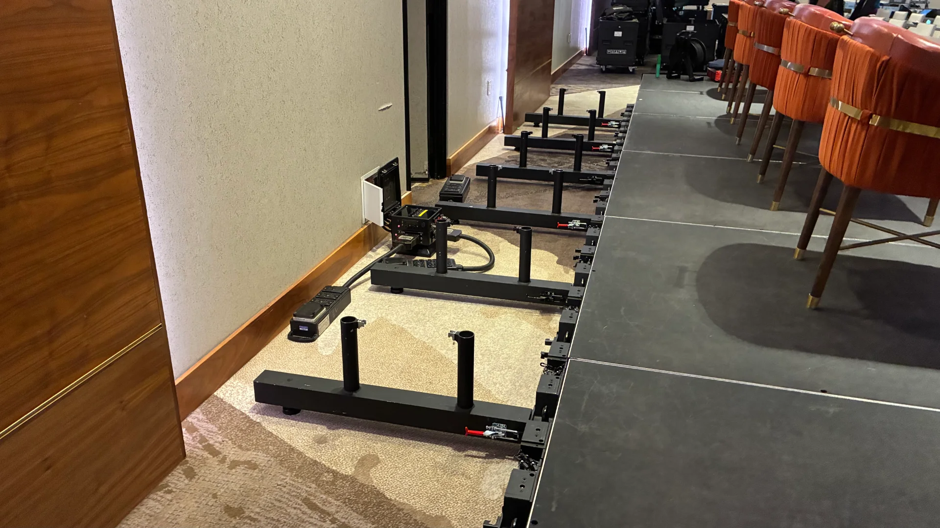Floor support structure for the CMG Visuals LED wall during setup beside the panel stage at The Statler Dallas.