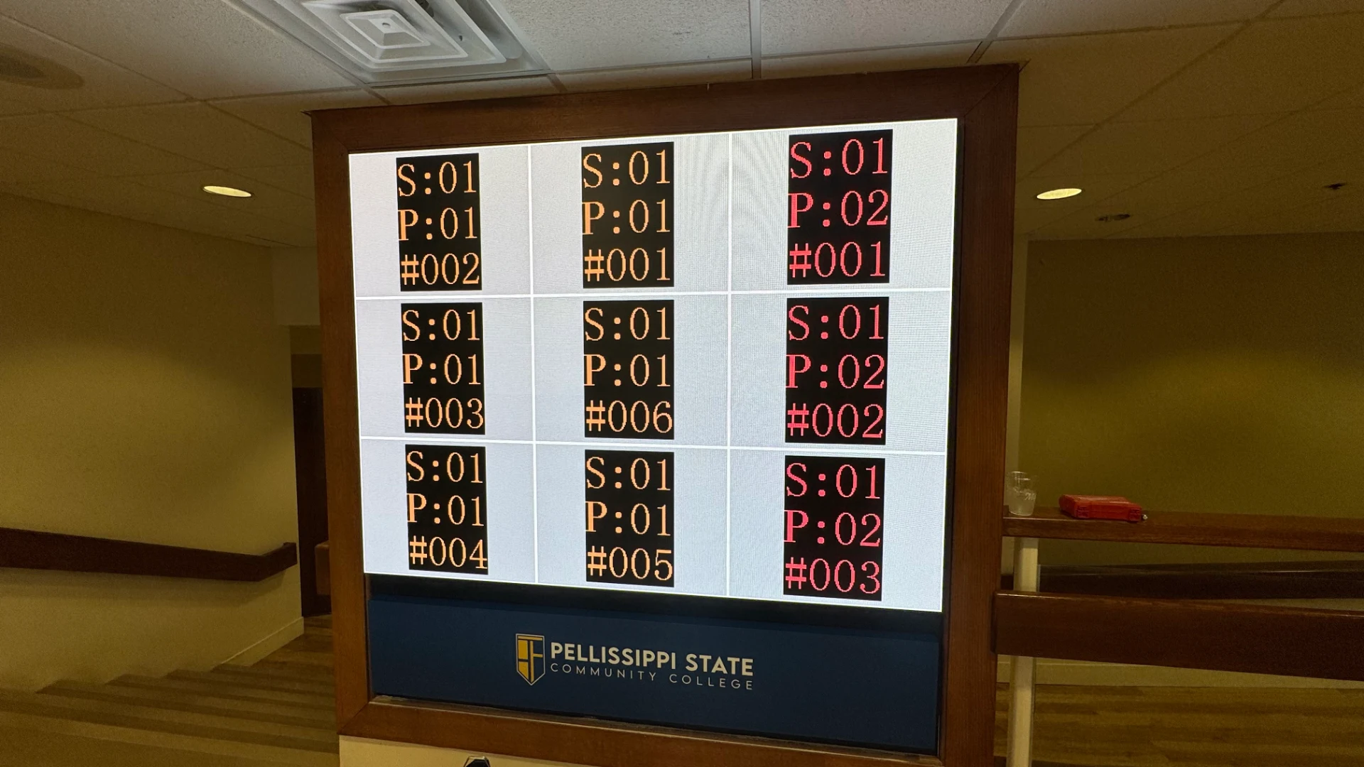 CMG Visuals LED wall running a panel test pattern during installation at Pellissippi State Community College. 