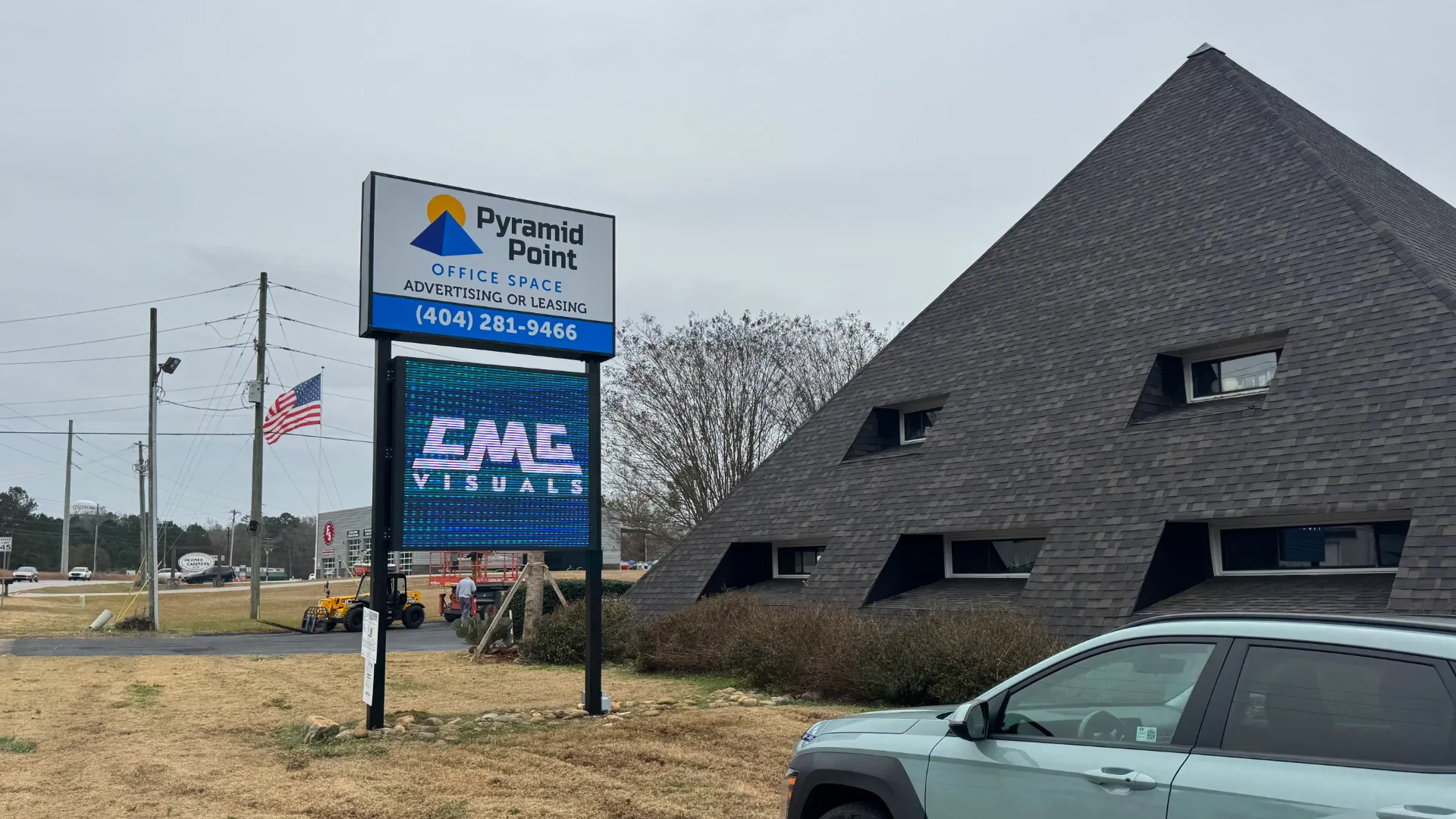 Permanent outdoor LED display by CMG Visuals at the Pyramid Point office building in Greensboro.