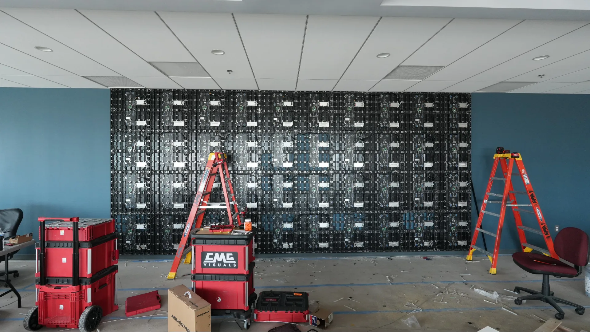 CMG Visuals LED wall under installation in a office, panels before final calibration.