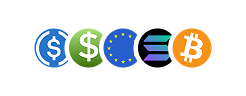 Icons representing multiple currencies including US dollar, euro, El Salvador bitcoin, and bitcoin.
