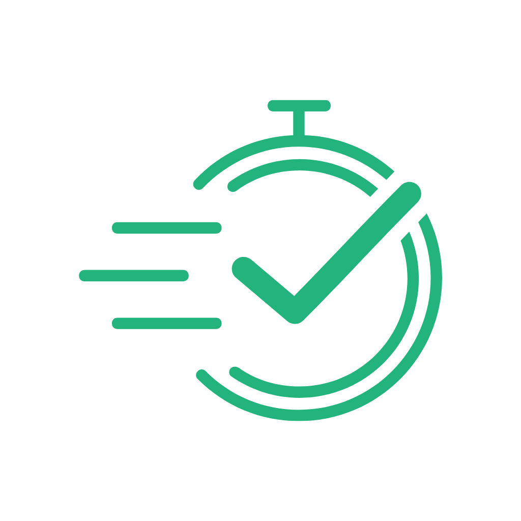 Green stopwatch icon with a check mark and three speed lines indicating fast and verified timing.