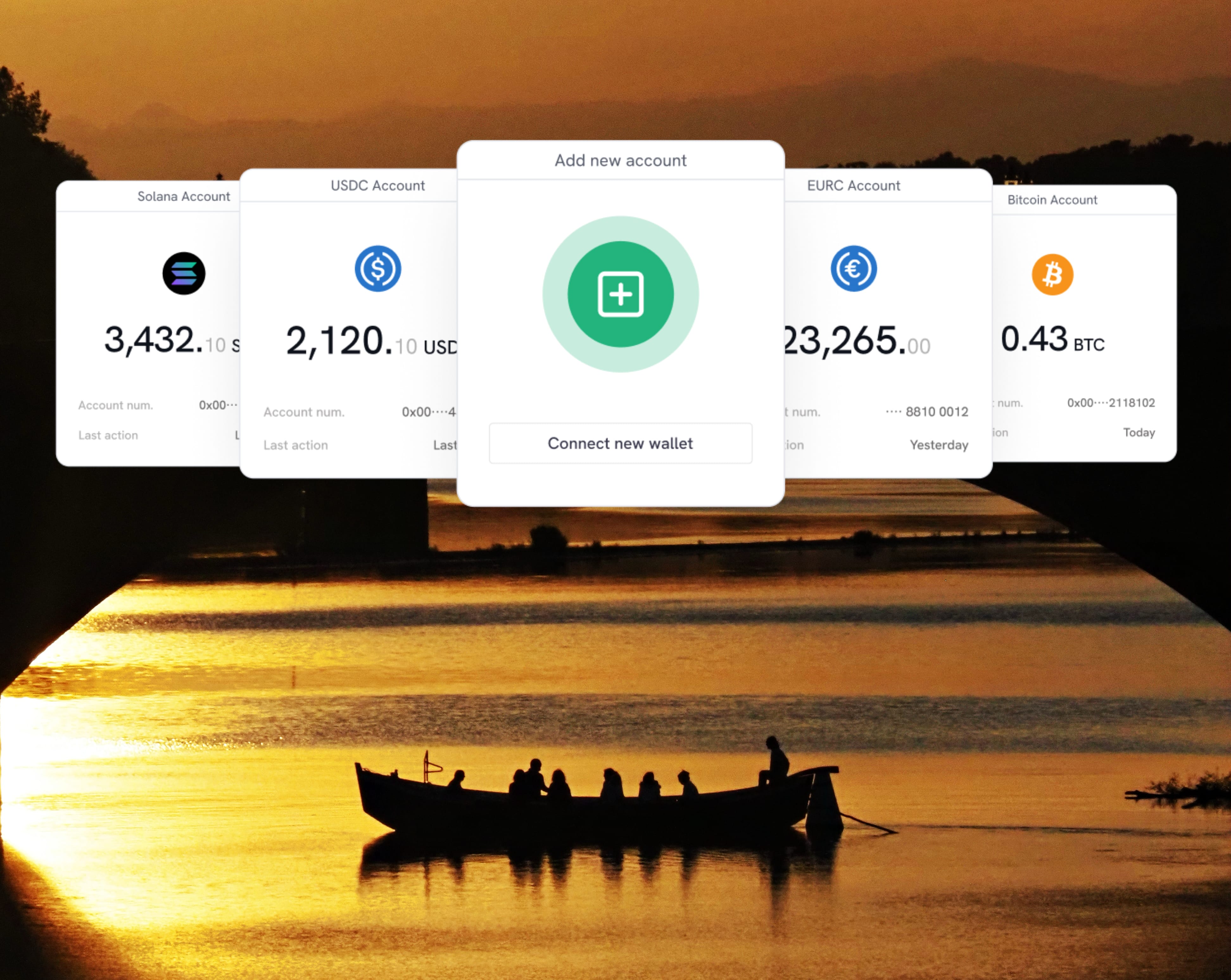 Sunset view with silhouette of a boat carrying people on a river, overlaid with cryptocurrency account cards showing balances and a central card to add a new account.