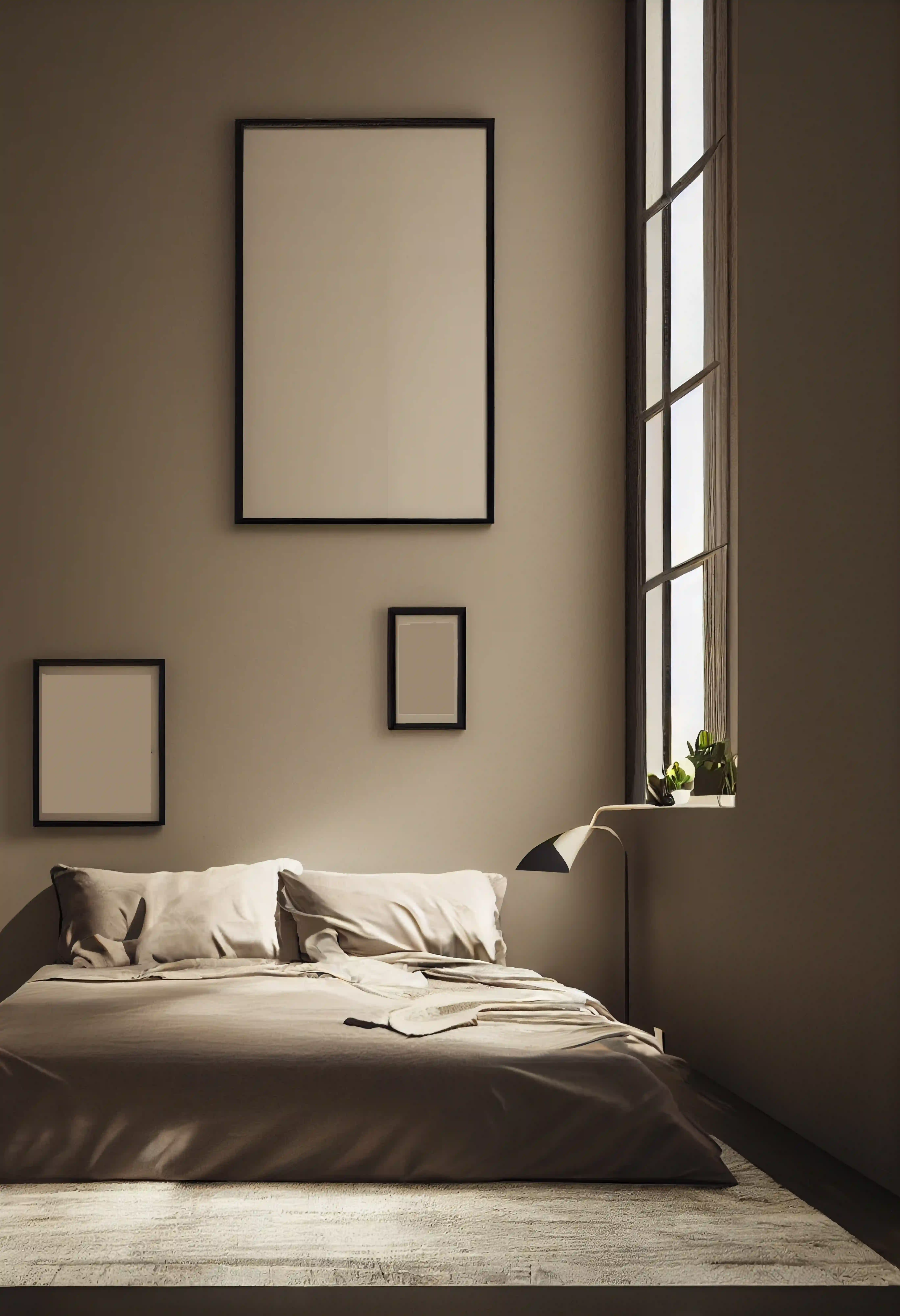 Minimalist bedroom with neutral bedding, wall art, and natural light from a tall window