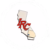 Map outline of California with the red letters IRC over it and a small star near the southern part of the state.