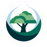 Stylized tree with three green canopies inside a circular design with dark and light green curved shapes.