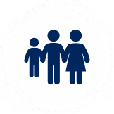 Icon of a family with two adults and one child holding hands inside a circular border.