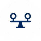 Icon of a balanced seesaw with two equal circles on each end inside a circle border.