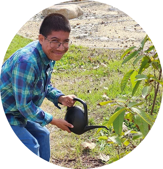 Young man wearing glasses and a blue plaid shirt watering a small plant outdoors with a black watering can.