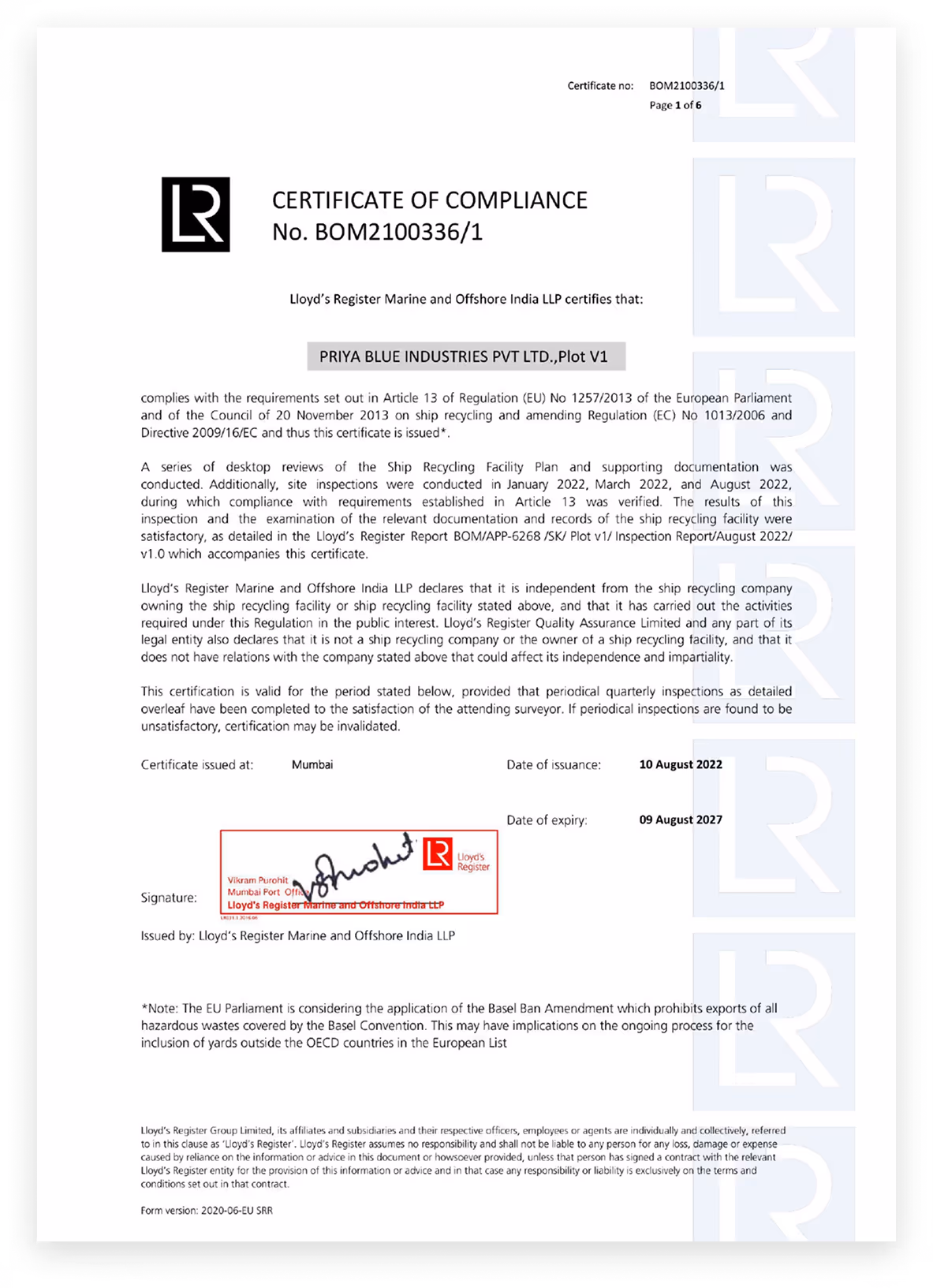 Certificate of Compliance No. BOM2100336/1 issued by Lloyd’s Register Marine and Offshore India LLP to PRIYA BLUE INDUSTRIES PVT LTD., Plot V1, valid from 10 August 2022 to 09 August 2027, with signature and declaration of independent inspection for ship recycling compliance.