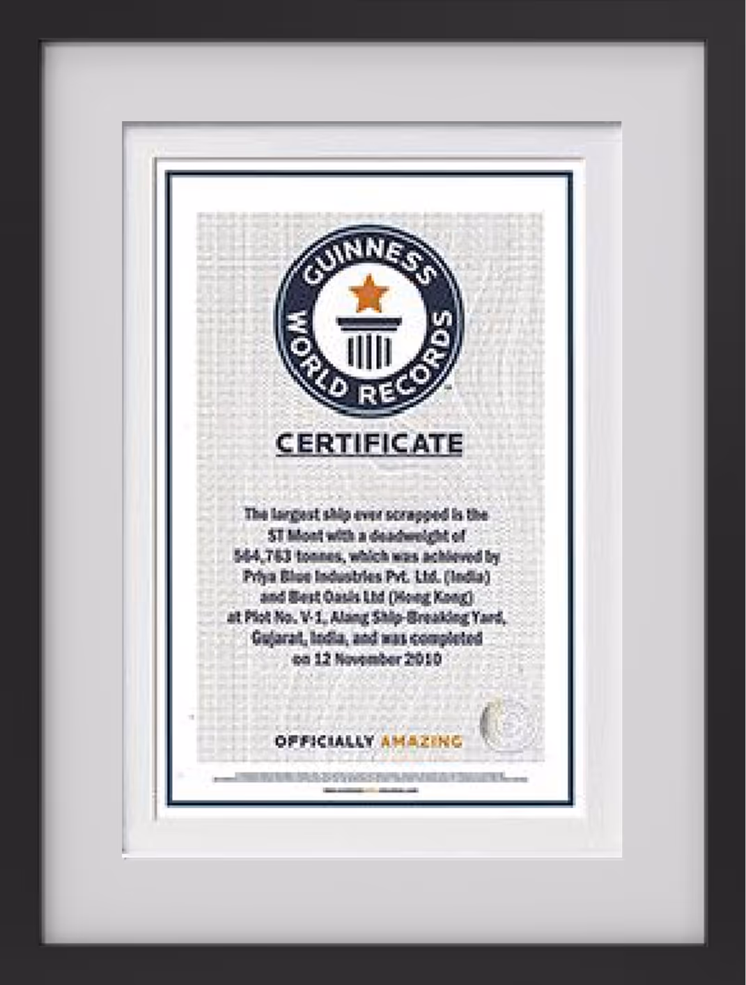 Framed Guinness World Records certificate for the longest ship scrapped to ST Metal with 944,763 tonnes, completed on 12 November 2010.