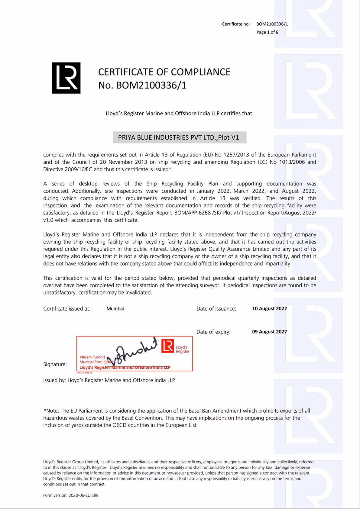 Certificate of compliance from Nippon Kaiji Kyokai confirming Priya Blue Industries Private Limited's engagement in ship recycling, valid until November 17, 2025.