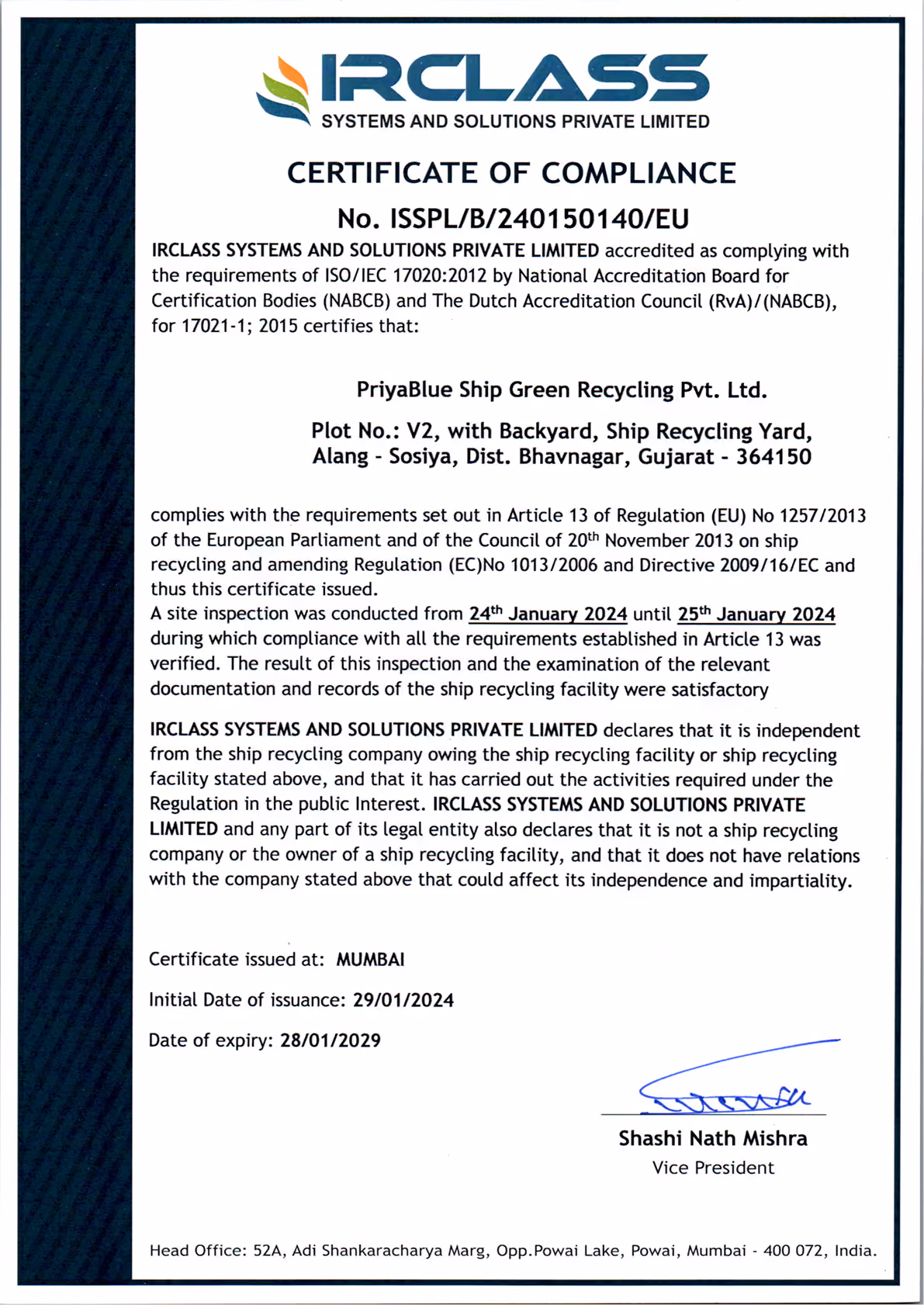 Certificate of compliance from Nippon Kaiji Kyokai confirming Priya Blue Industries Private Limited's engagement in ship recycling, valid until November 17, 2025.