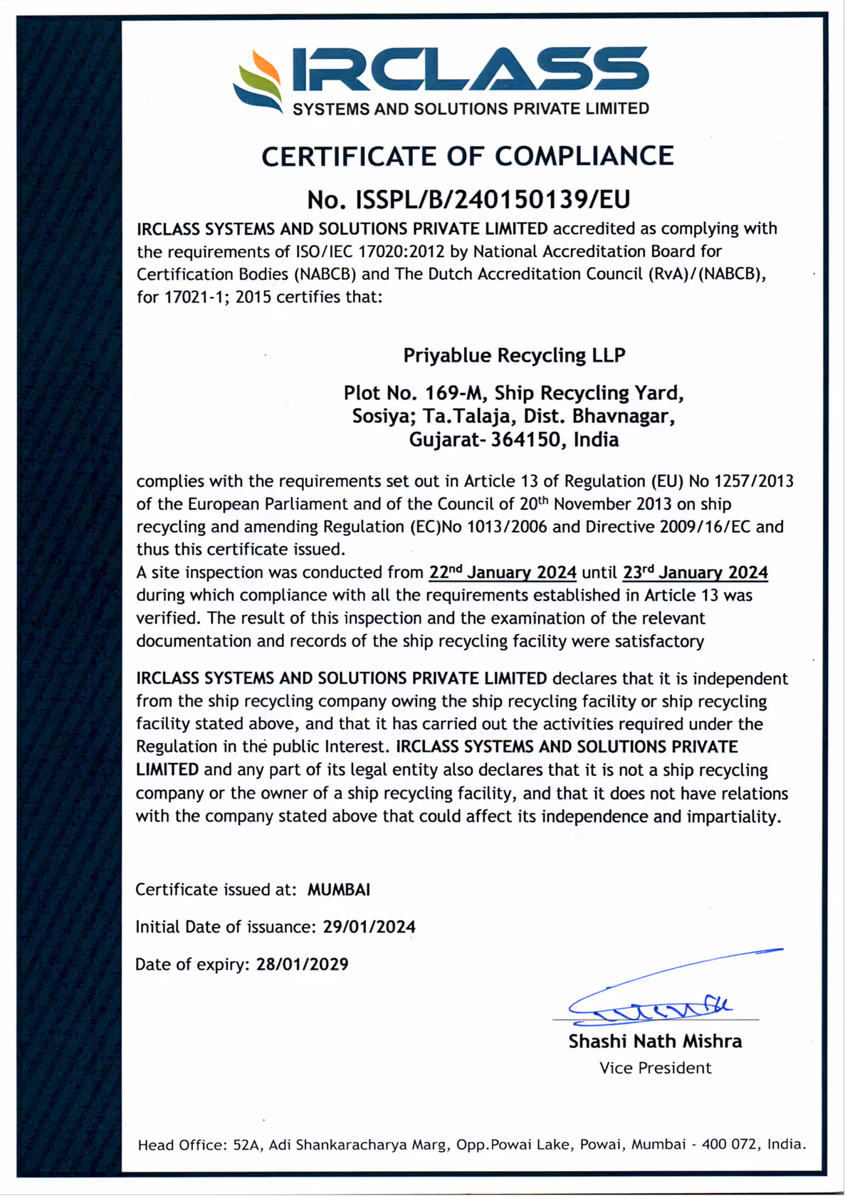 Certificate of compliance from Nippon Kaiji Kyokai confirming Priya Blue Industries Private Limited's engagement in ship recycling, valid until November 17, 2025.