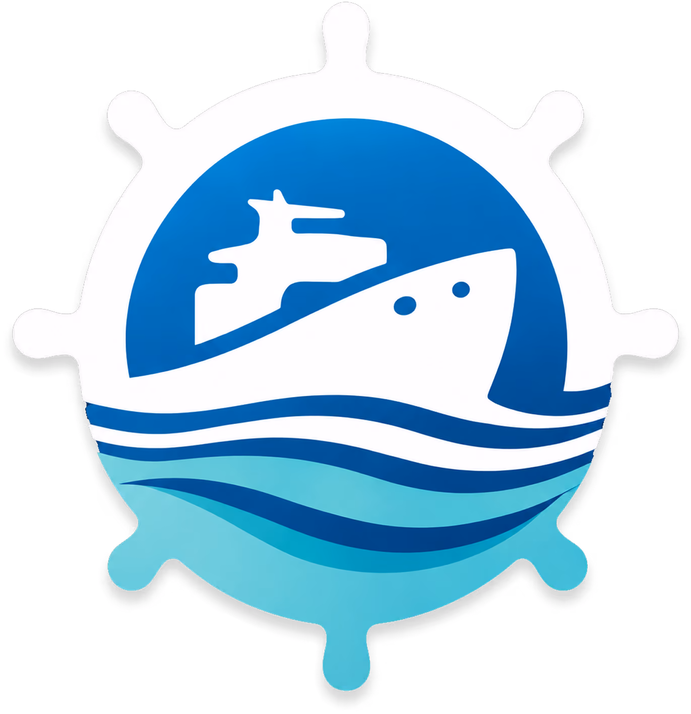White ship icon on blue waves inside a ship steering wheel shape.