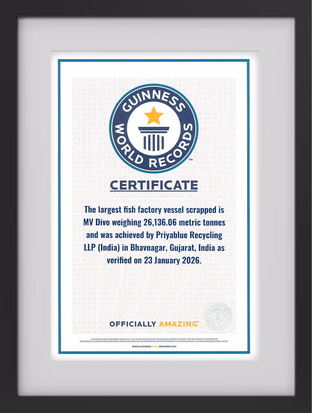 Framed Guinness World Records certificate for the longest ship scrapped to ST Metal with 944,763 tonnes, completed on 12 November 2010.