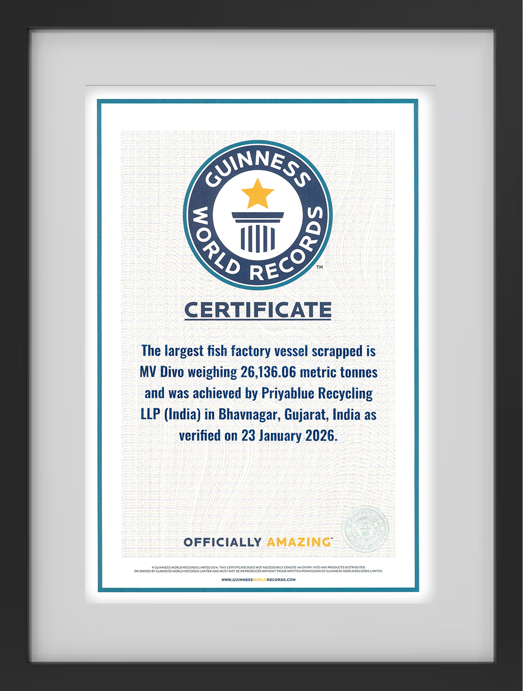 Framed Guinness World Records certificate for the longest ship scrapped to ST Metal with 944,763 tonnes, completed on 12 November 2010.