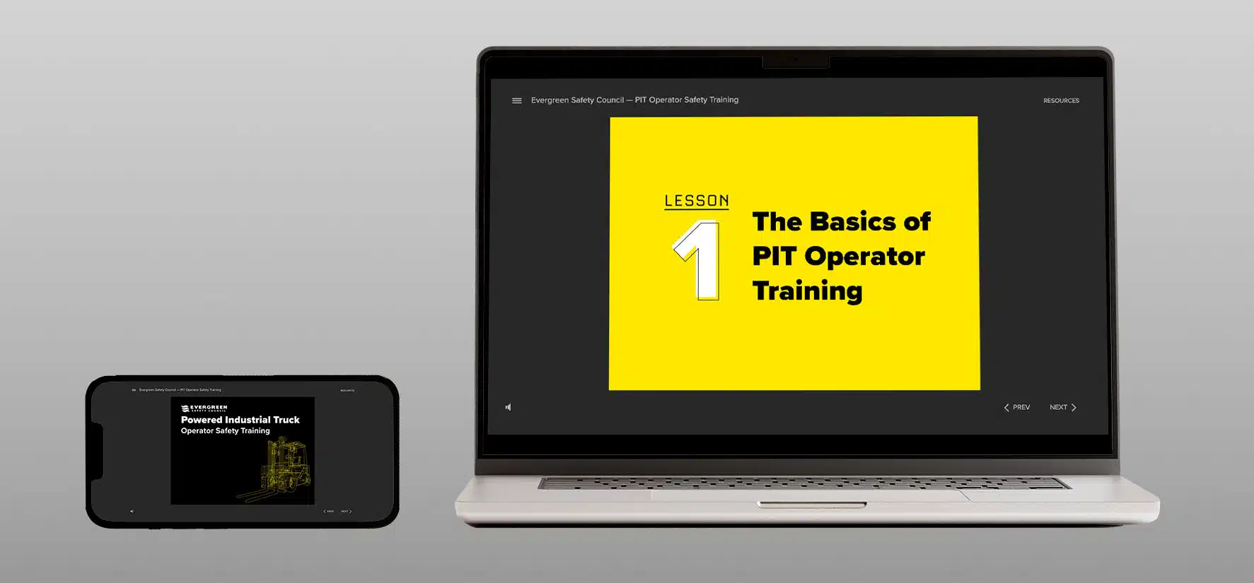 Evergreen Safety Council forklift training online mockup laptop phone