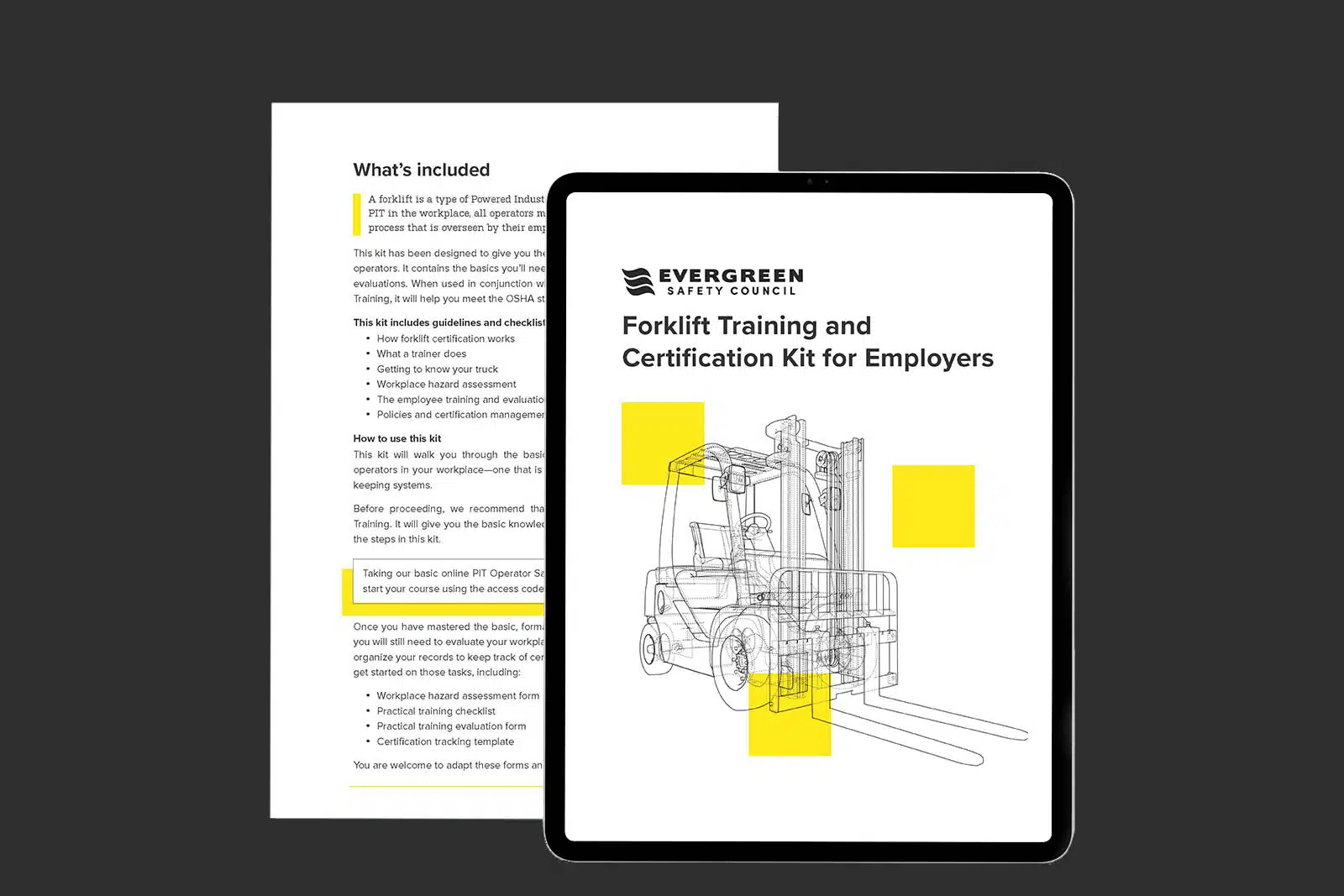 Evergreen Safety Council forklift training PDF kit mockup digital online tablet and print