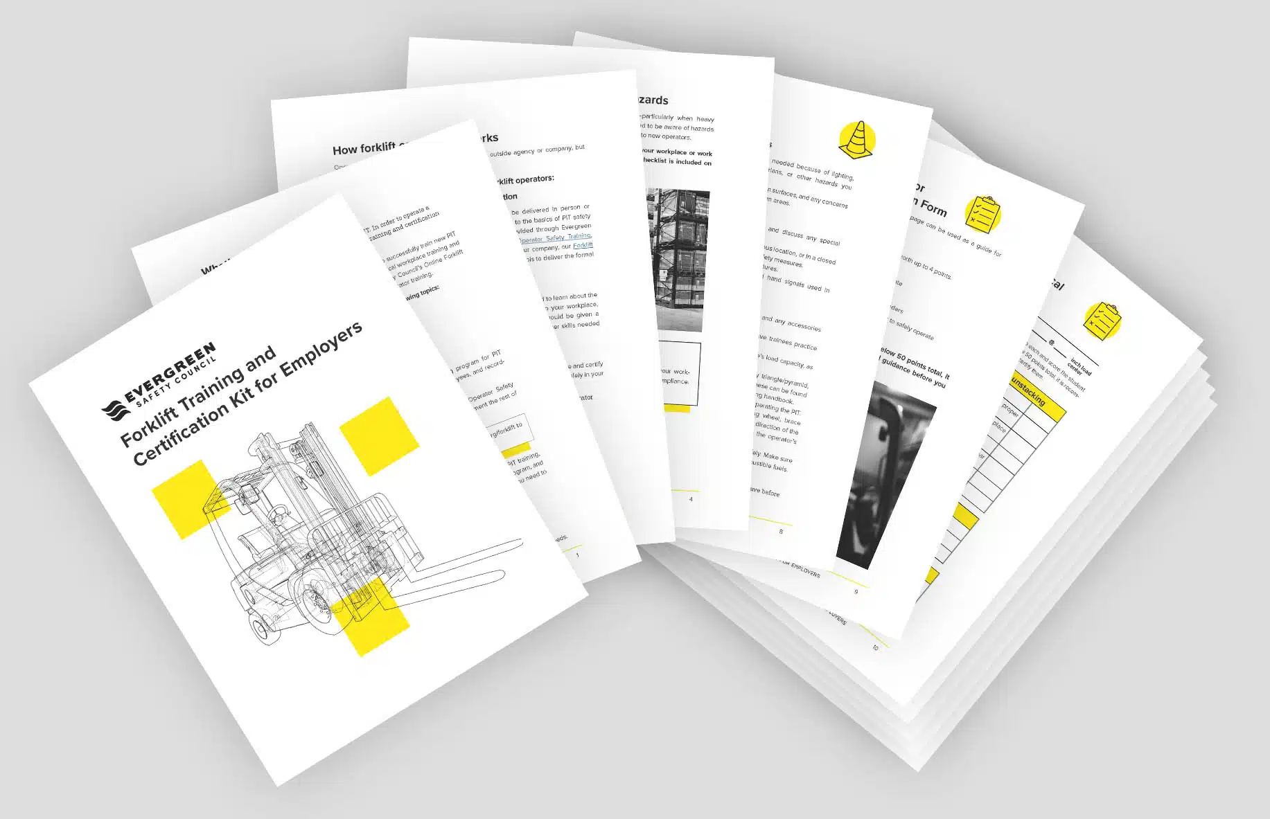 Evergreen Safety Council forklift PDF kit mockup print out fanned