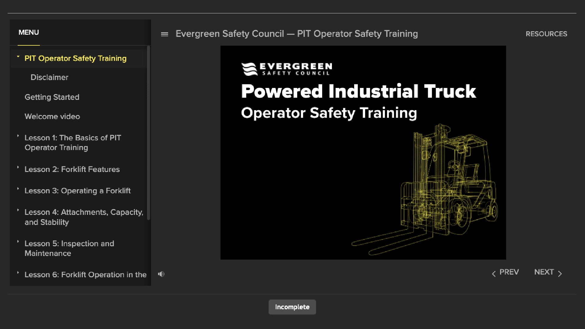Evergreen Safety Council online course guide forklift training program course preview