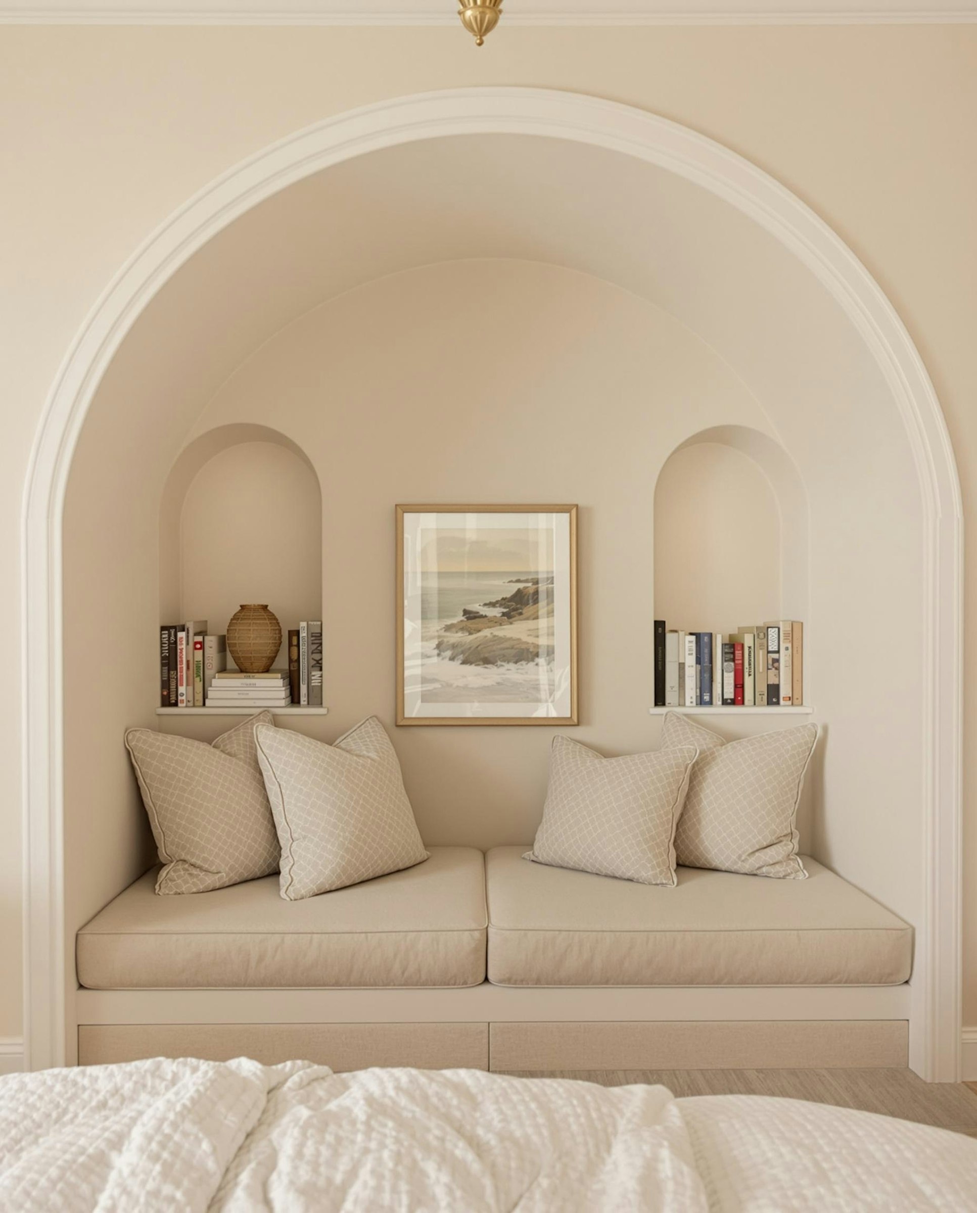 A white couch sitting under a window next to a bed.