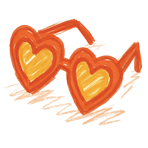 Illustration of orange heart-shaped sunglasses with yellow lenses.