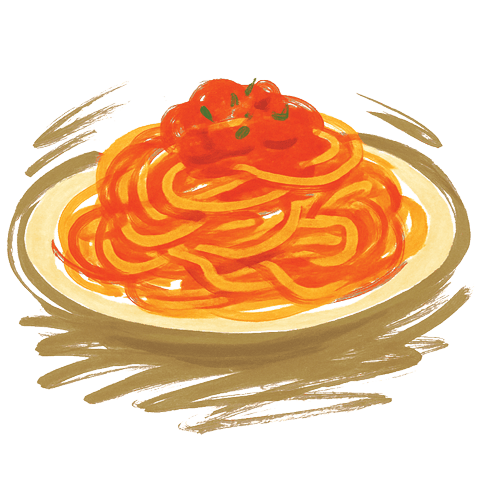 Illustration of a plate of spaghetti with red tomato sauce and green herbs on top.