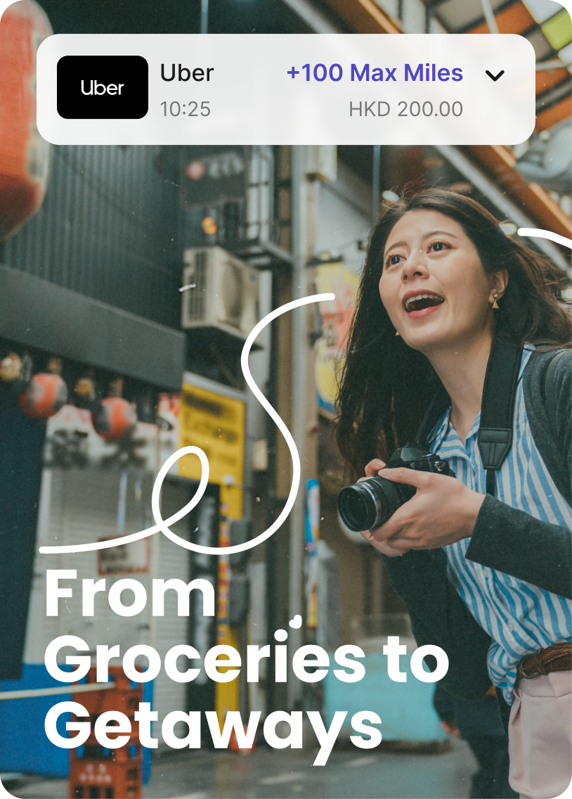 Woman in Japan with the words "From Groceries to Getaways" and a notification for earning Max Miles on Fairprice
