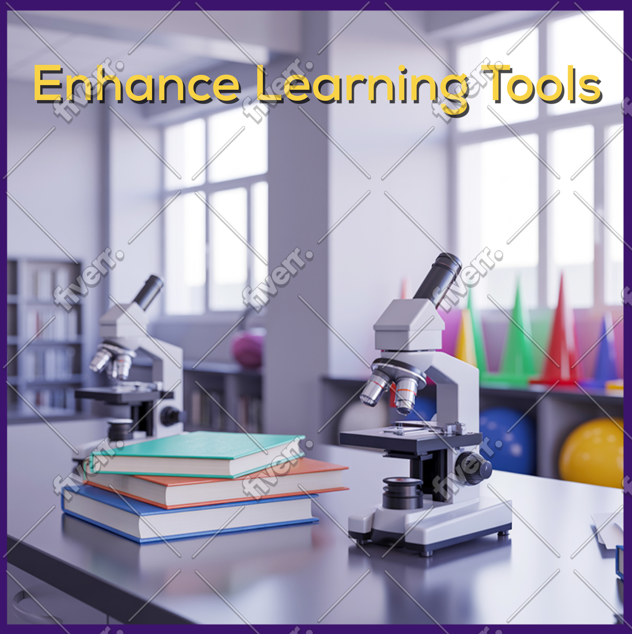 Enhance learning tools, with a microscope on a table next to books.