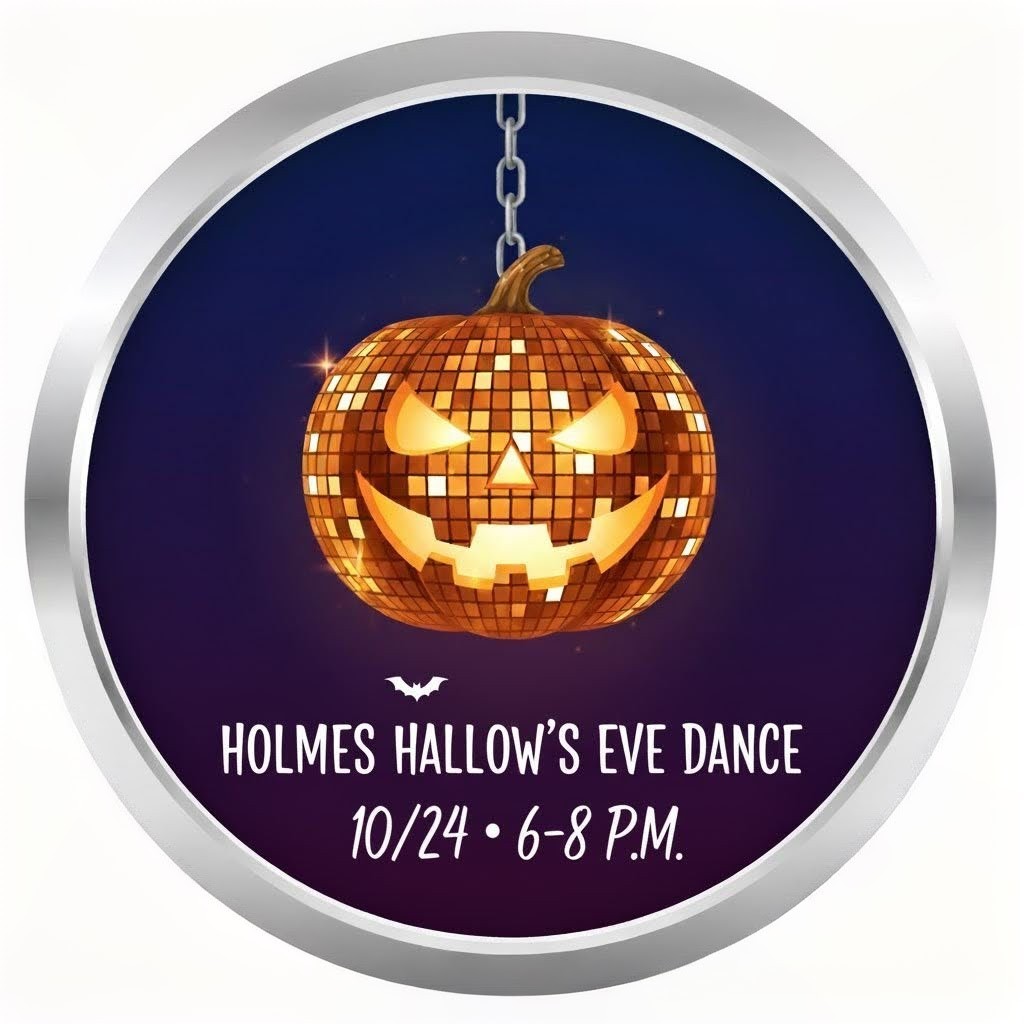 Halloween-themed disco pumpkin hanging from a chain with text announcing Holmes Hallow's Eve Dance on October 24 from 6 to 8 PM.