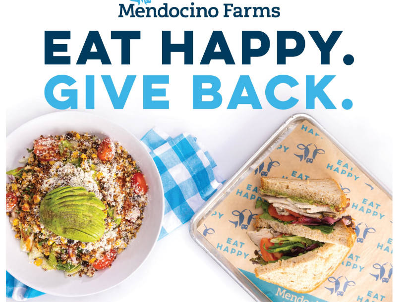 Mendocino Farms advertisement featuring a bowl of quinoa salad with avocado slices and cherry tomatoes on the left, and a sandwich with turkey, tomato, lettuce, and avocado on the right, with bold text above reading 'Eat Happy. Give Back.'
