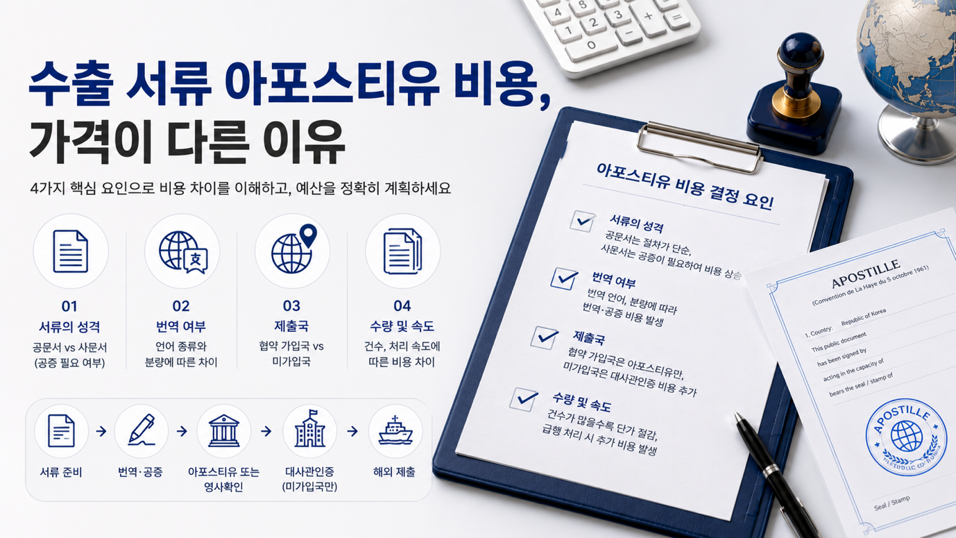 수출 서류 아포스티유 비용 — 서류 성격·번역·제출국·수량에 따라 달라지는 견적