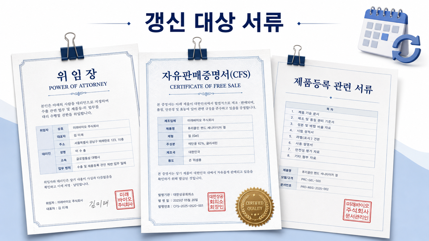갱신 대상 서류 — 판매 권한 위임장·CFS·현지 등록 서류