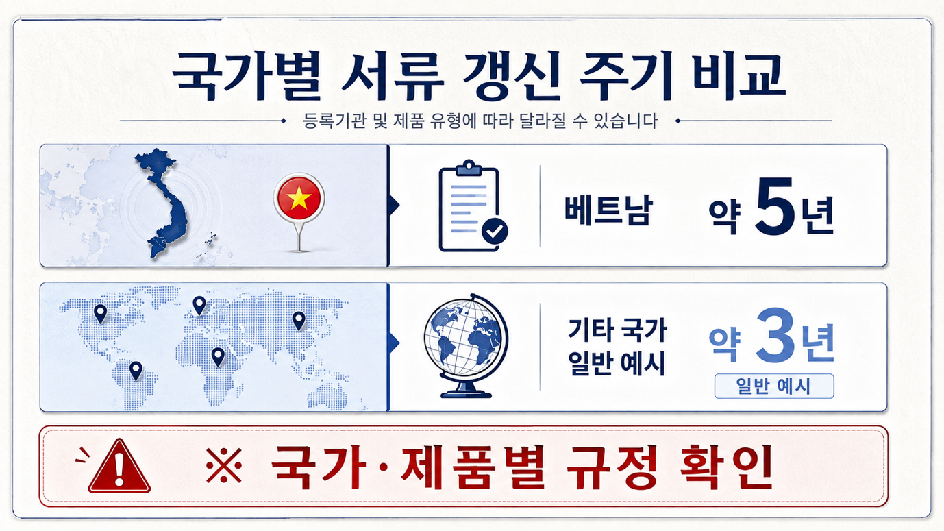 국가별 서류 갱신 주기 비교 — 베트남 5년, 다른 국가 3년 등