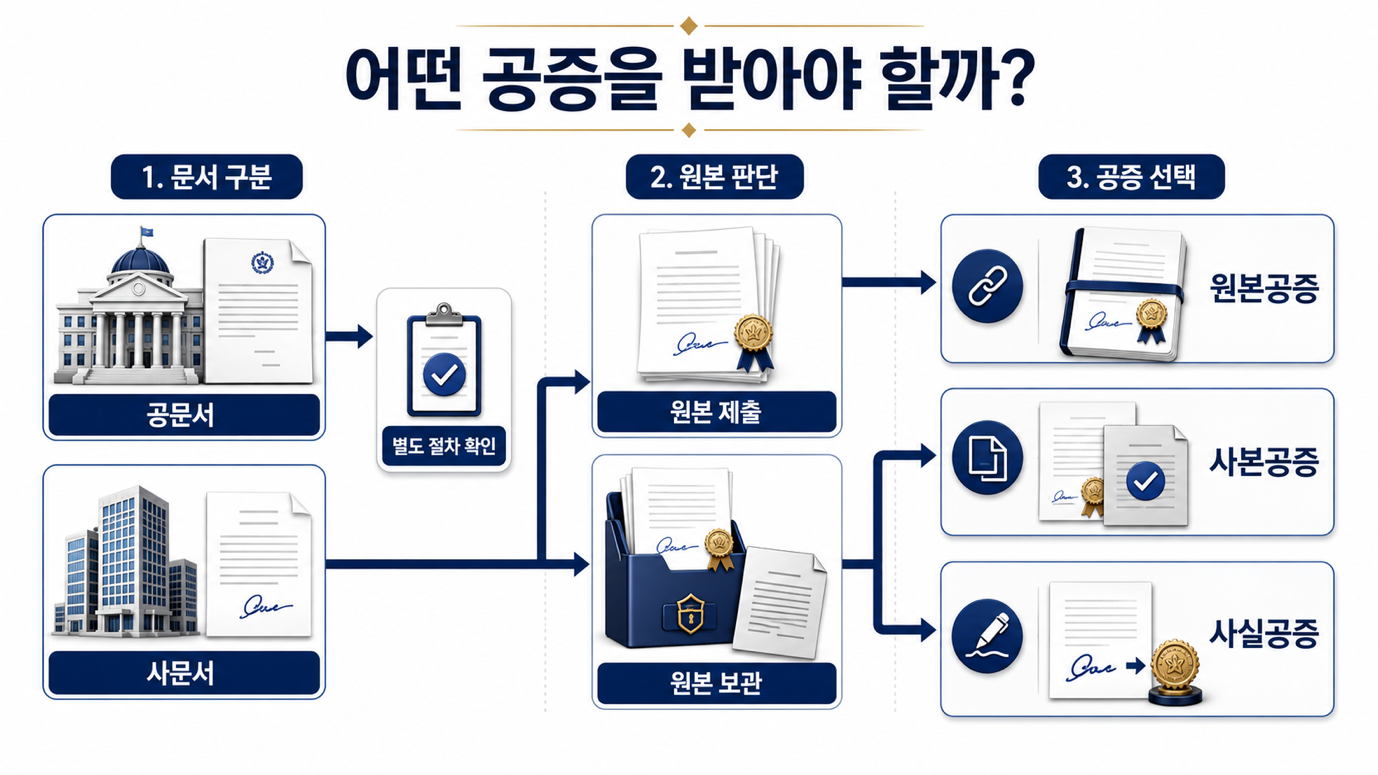 원본공증·사본공증·사실공증 선택 기준 — 서류 성격과 원본 회수 여부