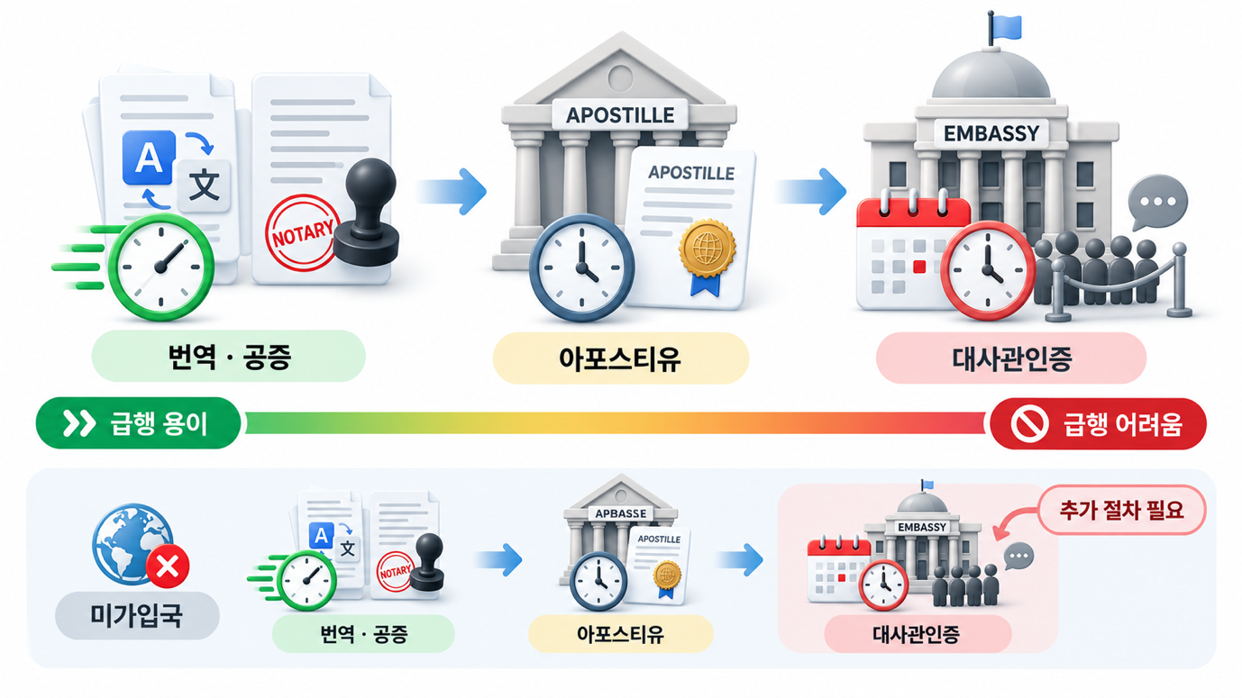 서류 종류별 급행 가능 여부 — 번역공증·아포스티유·대사관인증