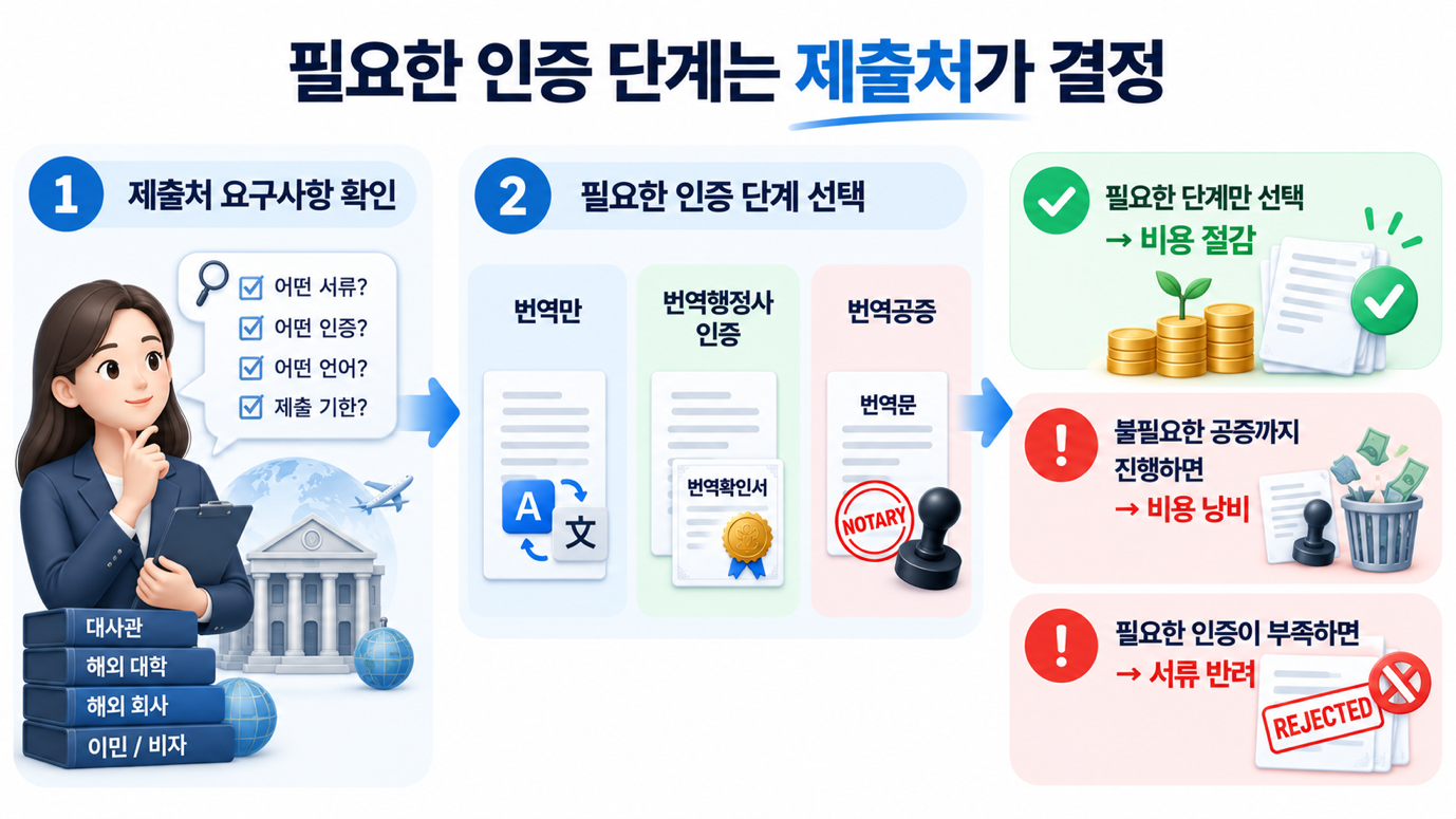 번역·인증·공증 단계 선택 — 제출처 요건이 기준