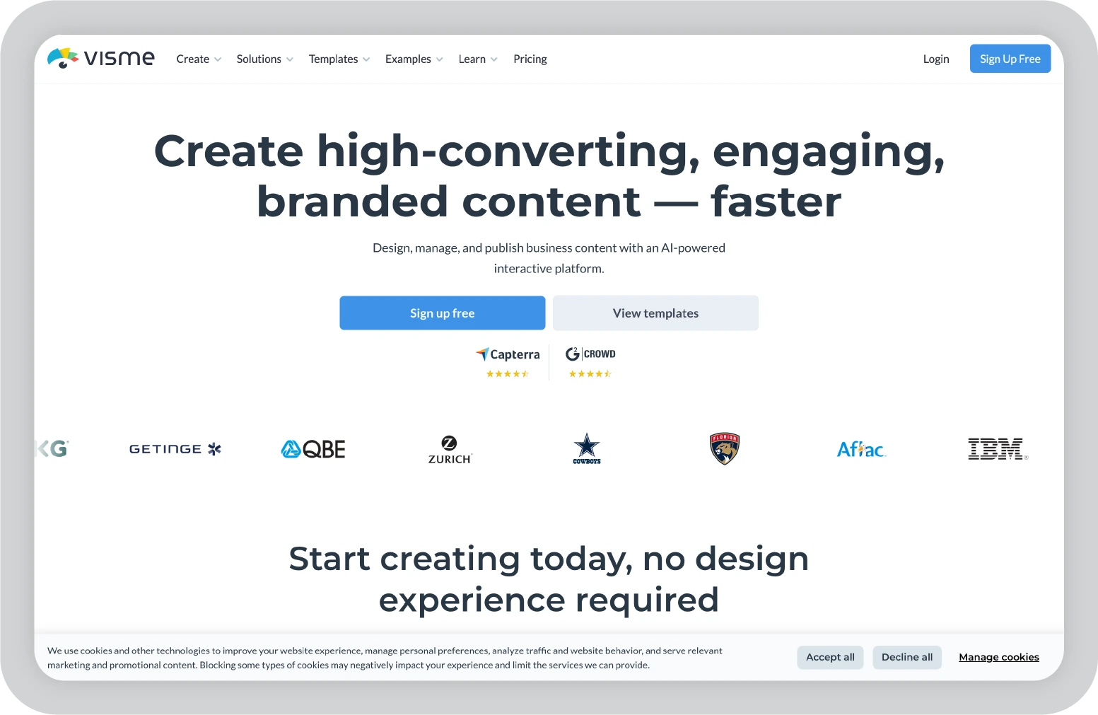Visme AI presentation platform interface showing branded content creation dashboard with templates and interactive data visualization tools