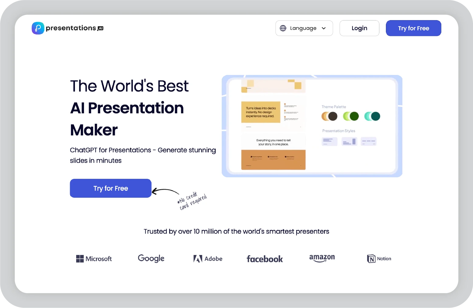 Presentations.ai, one of our picks for AI presentation makers, showing a dashboard with automated slide generation, theme palette, and design tools