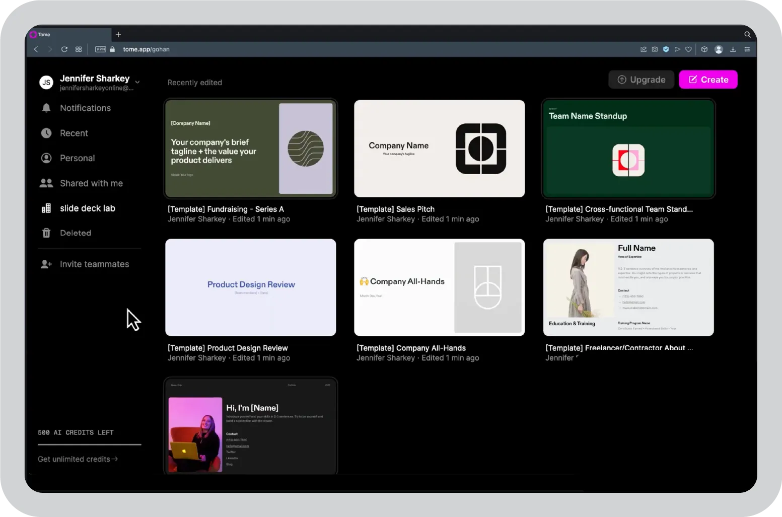 Tome AI presentation maker dashboard with templates and AI tools for creating presentation slides