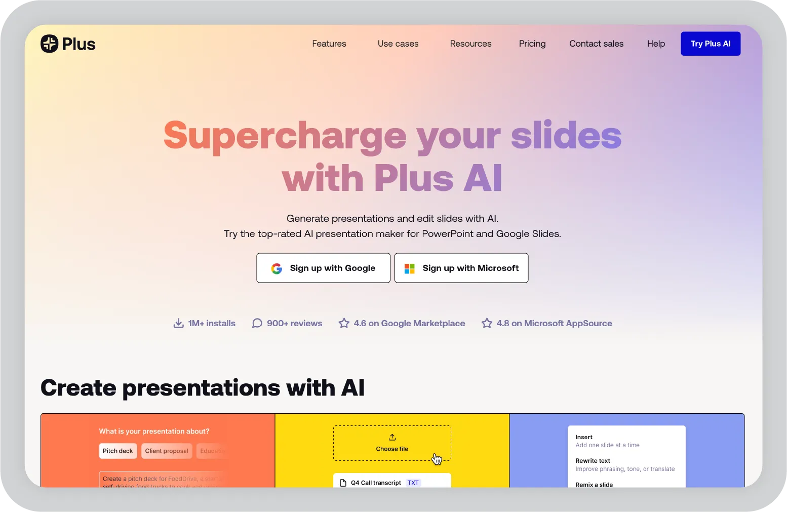 Plus AI presentation maker tool for PowerPoint and Google Slides showing automated slide creation and editing features