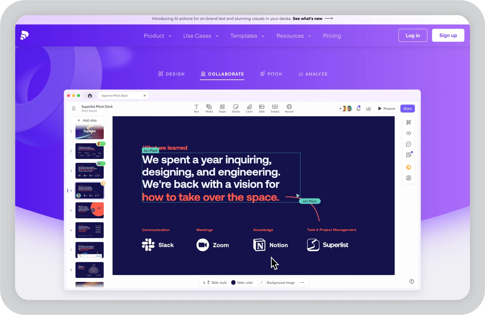 Pitch AI presentation maker dashboard displaying collaborative slide editing, presentation layouts, and team presentation tools