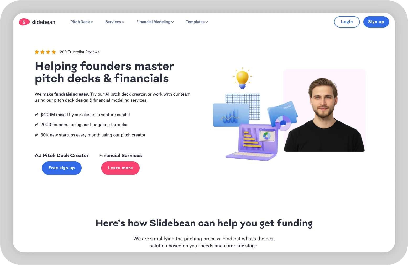 Slidebean AI presentation maker platform helping founders create investor pitch decks with automated slide design and financial tools