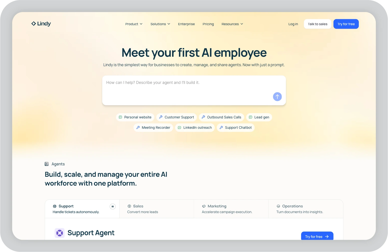 Lindy AI automation platform interface for creating AI agents to manage business workflows and automate tasks.