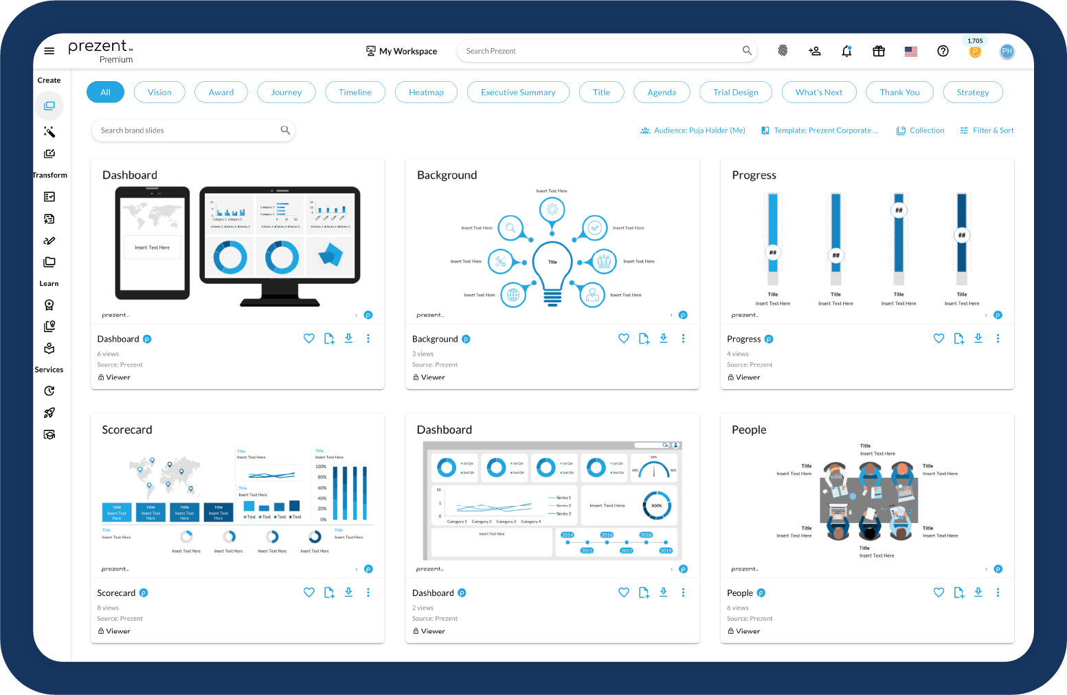 Prezent AI presentation platform dashboard showing branded slide templates for dashboards, scorecards, timelines, and executive summaries